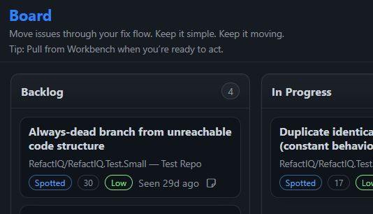 RefactIQ board showing code findings moving through a fix flow